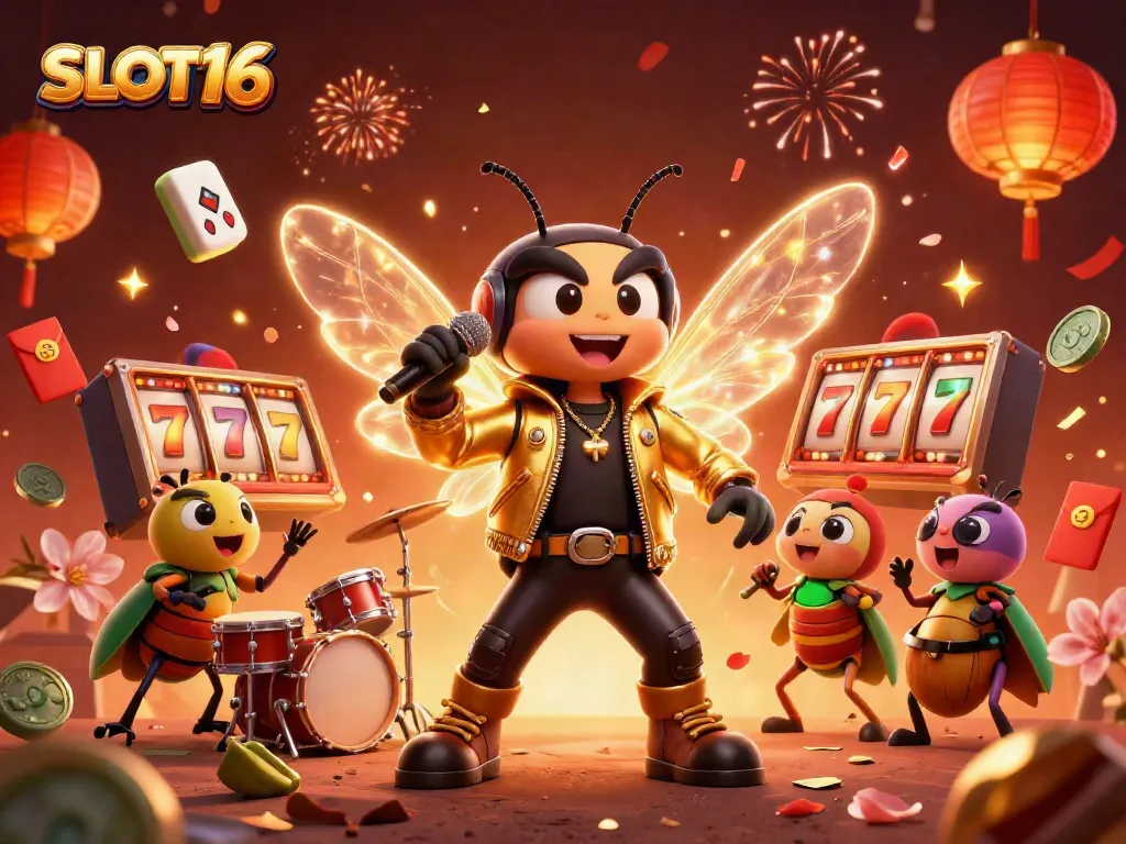 SLOT16 showcases a vibrant casino scene with a cicada rock star and slot reels surrounded by festive elements.