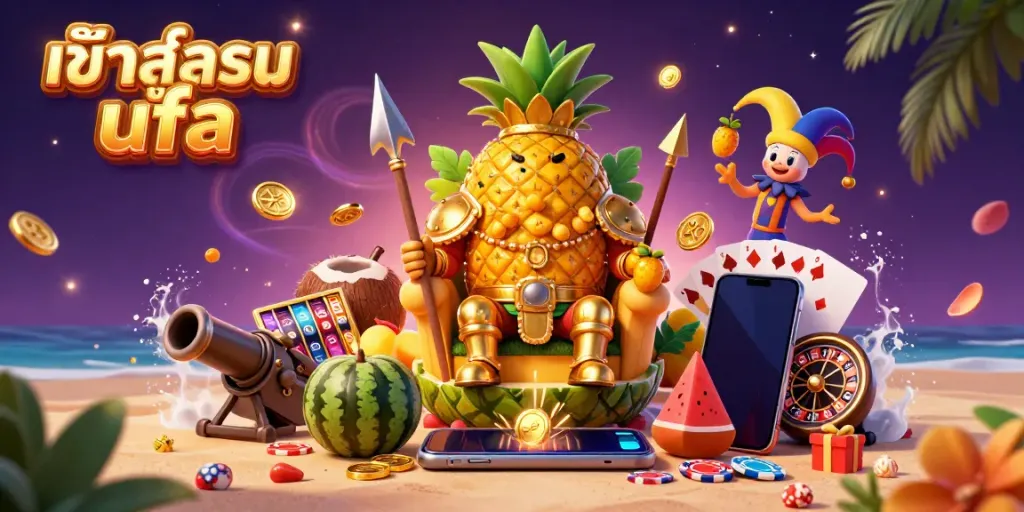 Exciting scene featuring a golden pineapple king on a fruit throne as players engage with เข้าสู่ระบบ ufa casino games amidst vibrant slot elements.