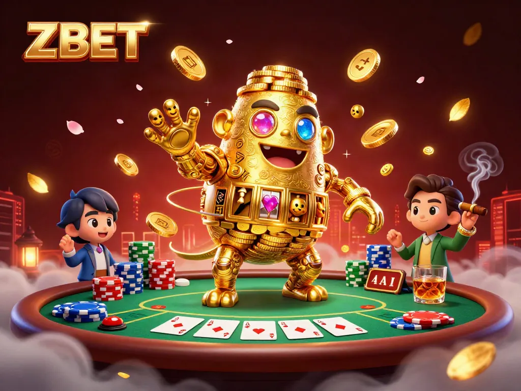 Experience the thrill of ZBET with an engaging casino scene featuring a golden golem and poker elements.