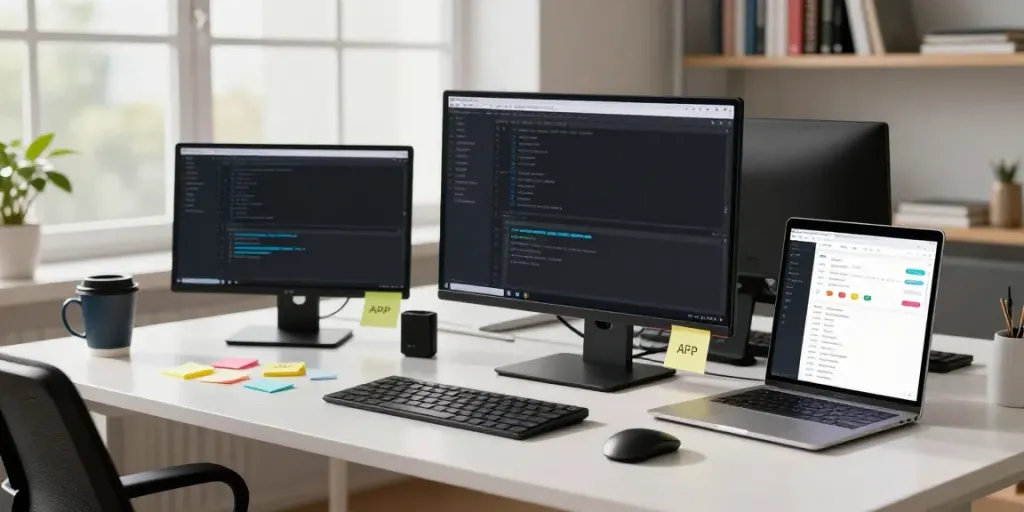 Developer coding Android APK files in a modern workspace with multiple monitors.