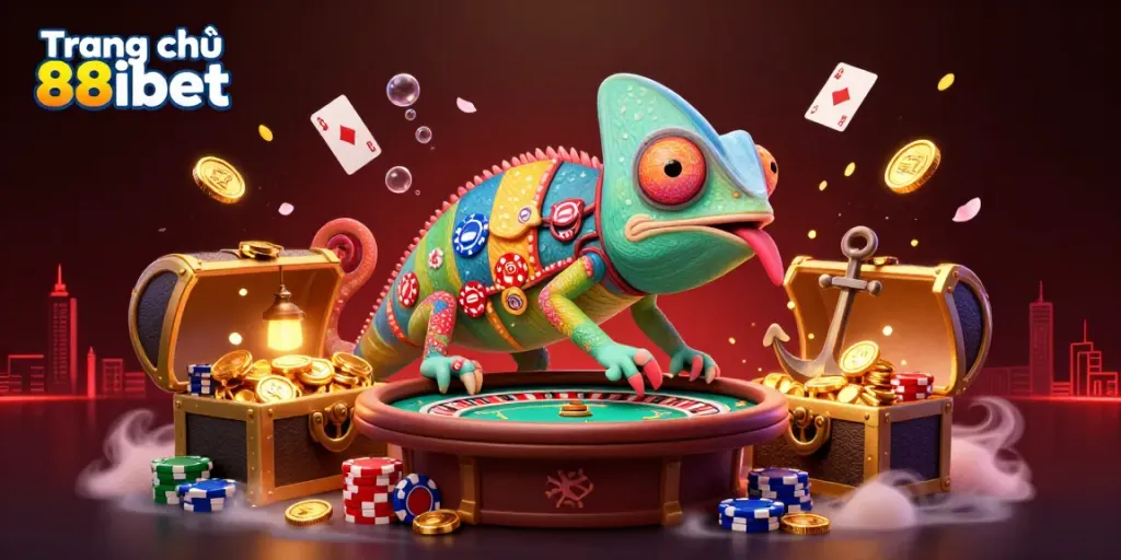 Experience excitement on Trang chủ 88ibet with a vibrant chameleon casino owner and animated game elements.