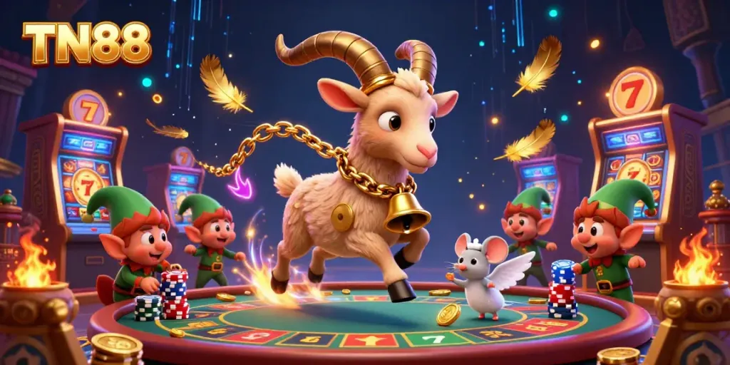 Explore the vibrant TN88 casino scene with Krampus and lively characters stealing poker chips.