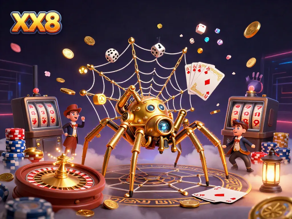 Experience thrilling gameplay with the steampunk spider at XX8, capturing dice amidst cascading gold.