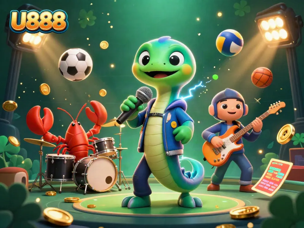 Witness the electrifying performance at U888's underwater casino with vibrant characters and dynamic elements.