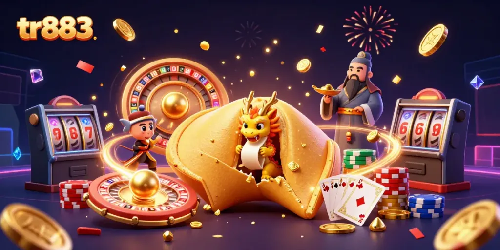 Experience the thrill with tr883, showcasing a vibrant casino scene with playful characters and sparkling elements.