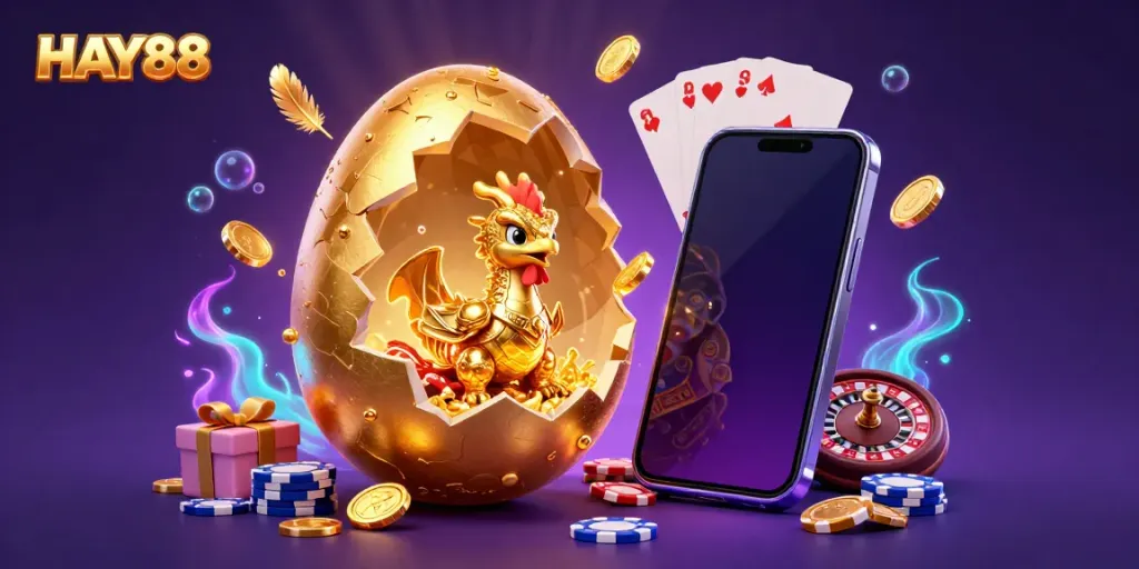 Experience thrilling slots with HAY88 as a golden dragon emerges from a poker chip nest.