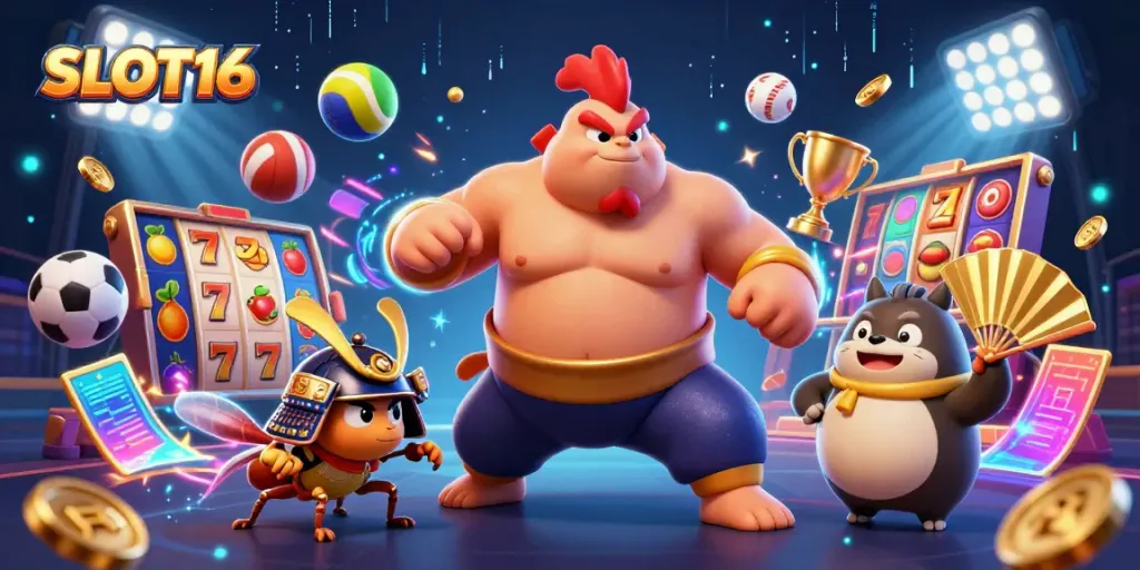 Feel the excitement of SLOT16 with dynamic slot-themed characters and vibrant casino elements.