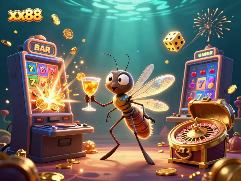 Experience the thrill of xx88 with animated casino mascots and vibrant slot machines bursting with winnings.