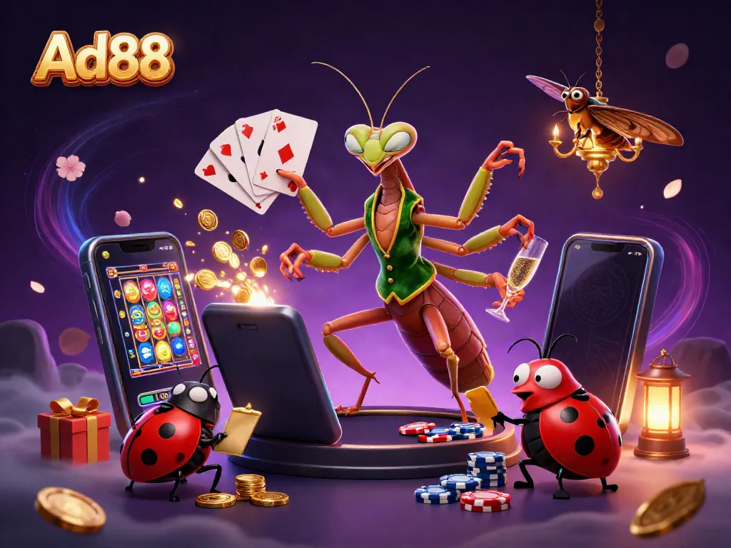 Experience the excitement of Ad88 with a vibrant 3D illustration of immersive casino action.