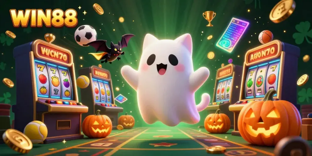Engage in thrilling gameplay at WIN88 with a ghost cat and bat in a vibrant casino setting.
