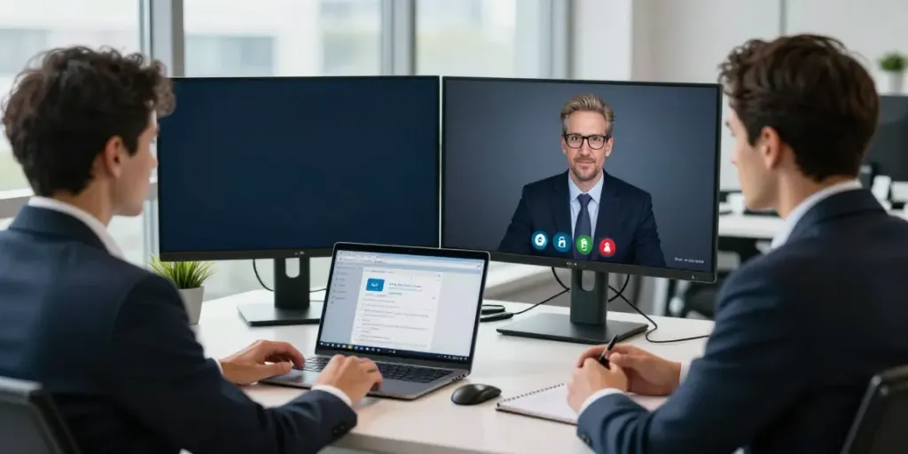 Deepfake protected Conferencing with a professional in a secure modern office environment.