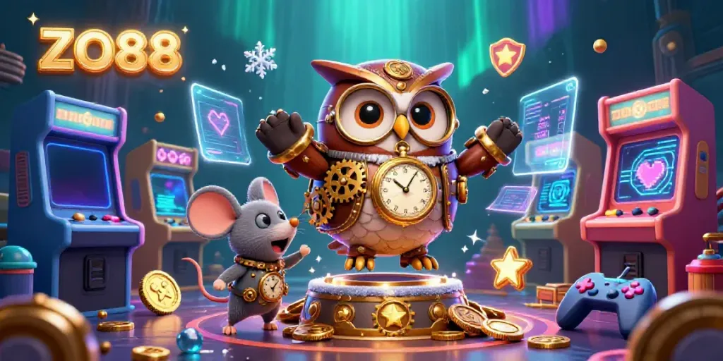 Engage with ZO88's steampunk casino world featuring a time-traveling owl and vibrant game elements.