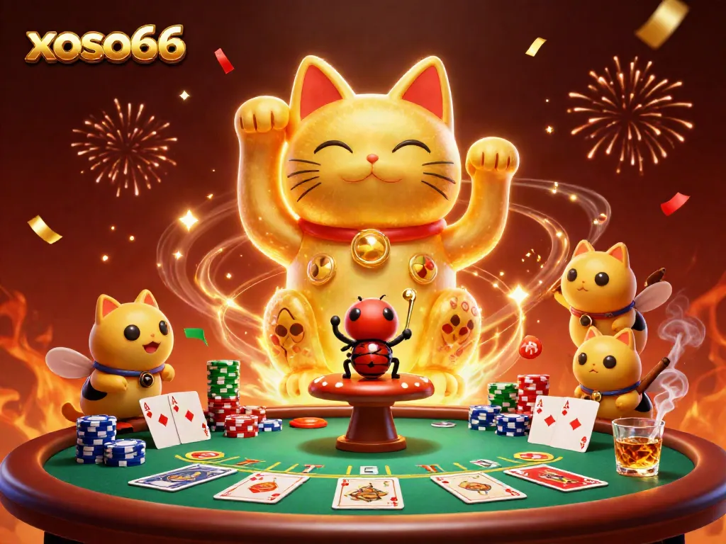 Catch exciting gameplay with xoso66’s giant lucky cat and vibrant casino elements in a rich, festive scene.