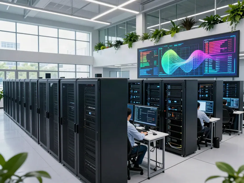 AI data center with GPU servers and engineers monitoring performance metrics.