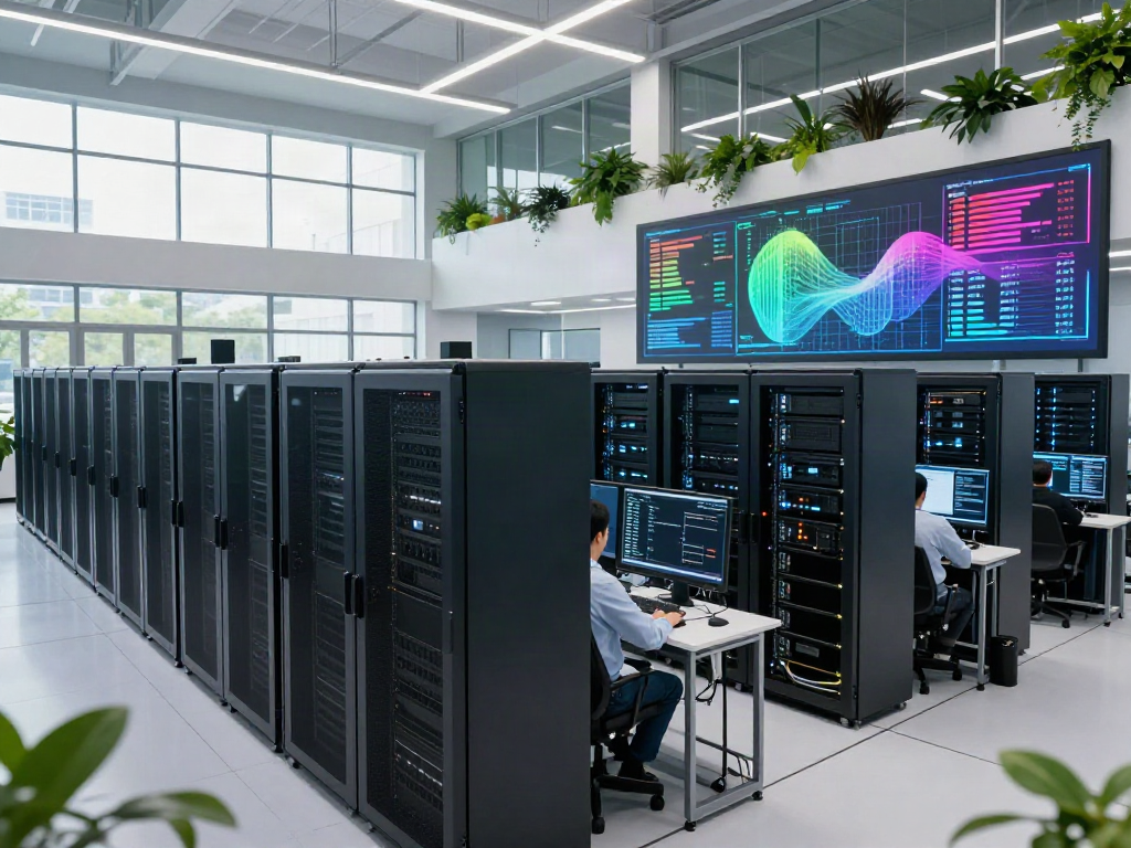 AI data center with GPU servers and engineers monitoring performance metrics.