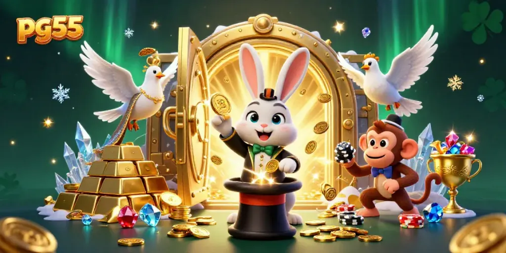Experience the excitement of pg55 with a whimsical 3D scene of a magician rabbit and fun casino elements.
