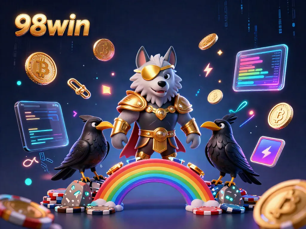 Experience exciting gameplay with 98win's vibrant casino-themed 3D illustration, packed with mythical elements and crypto symbols.
