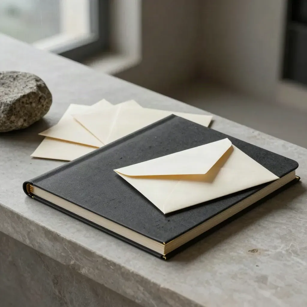 Charcoal capital folio, paper sleeves, stone weight and sealed envelope on a misty stone ledge.