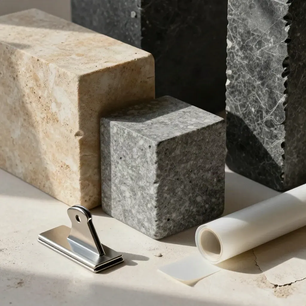 Stone cubes, steel clip, and tracing-film roll on dusty plaster, lit by soft upper-left daylight.