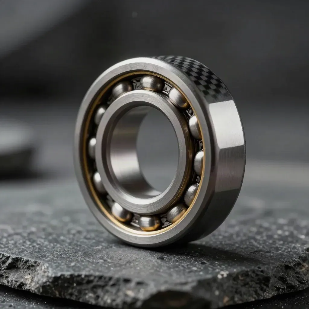 Macro still life of a bearing ring, hex coupler, and carbon-fiber spacer on graphite stone.