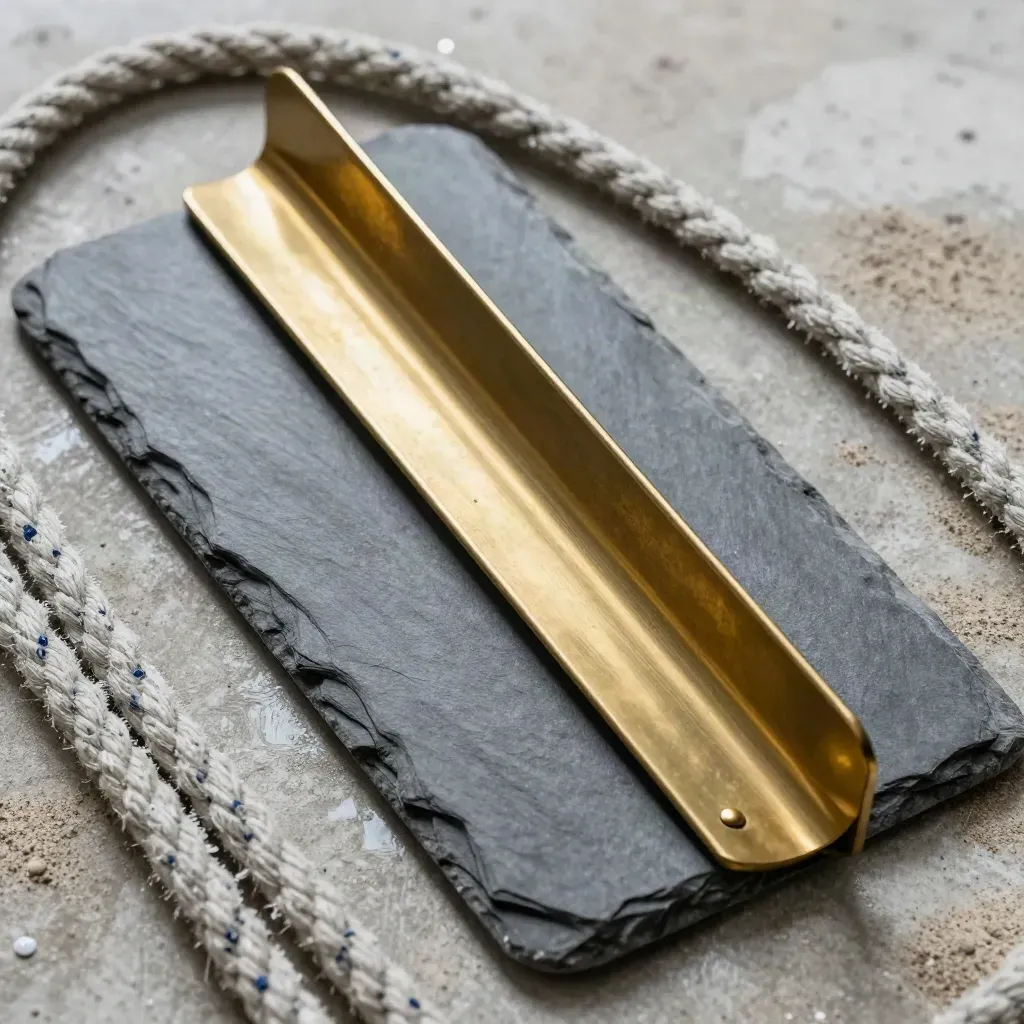 Brass marine divider and slate weight on weathered concrete with coiled rope and salt haze