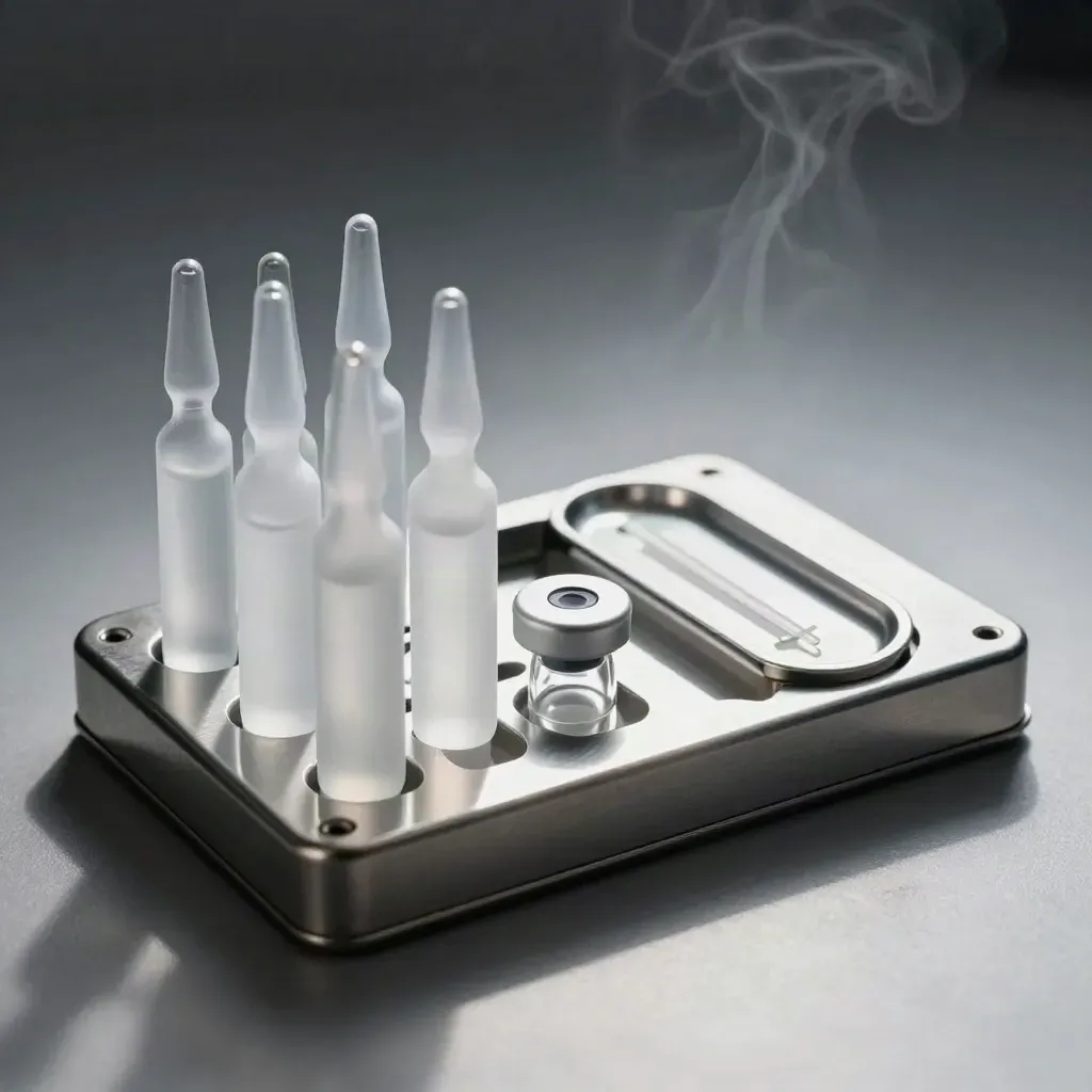 Ampoule rack, tip case, and vial on brushed metal in a dramatic lab still life.