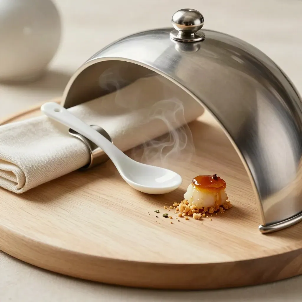 Luxury serving cloche with linen ring and spoon rest on pale wood, steam rising from a tasting plate.