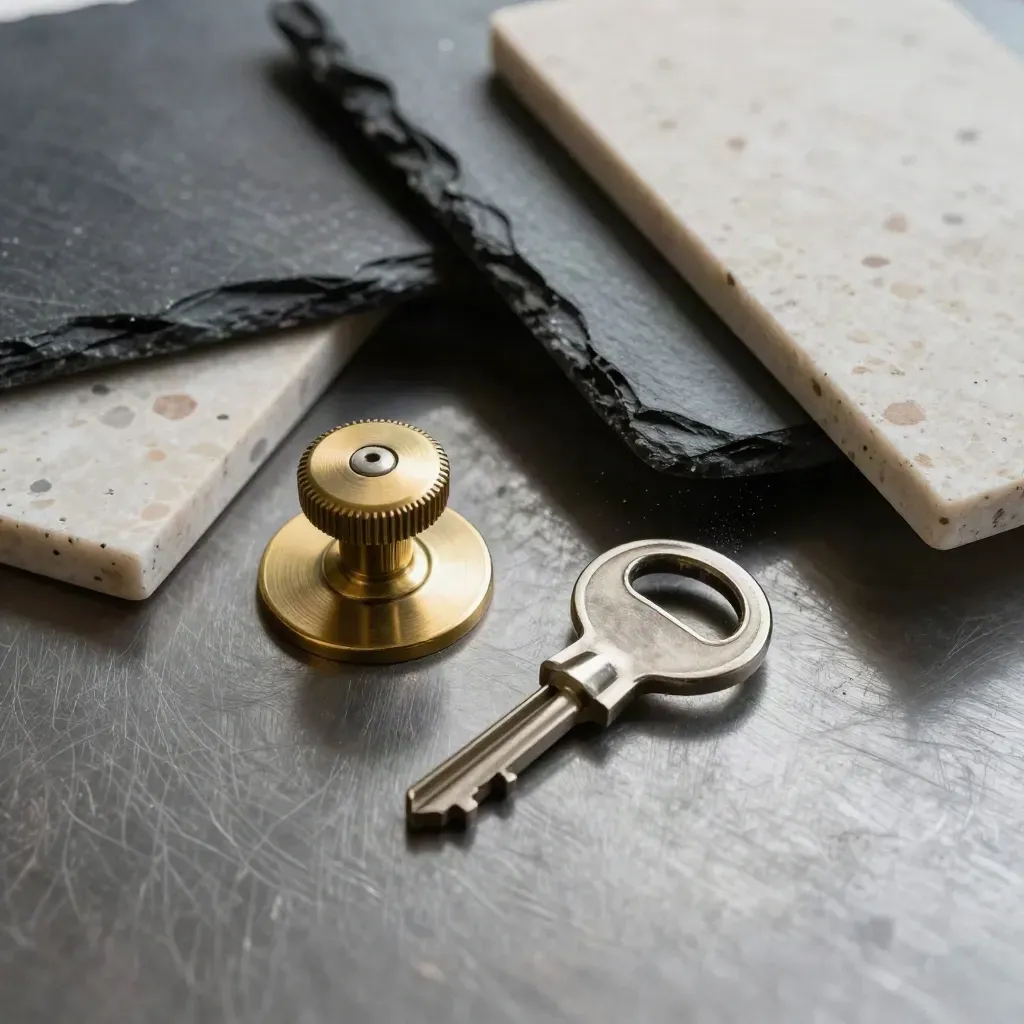 Brass hardware, key blank, and stone finish samples arranged diagonally on brushed metal.