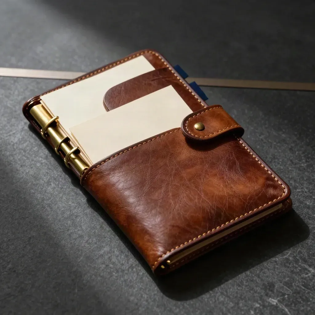 Leather strategy folio with brass dividers and cards on dark stone, lit from upper left.