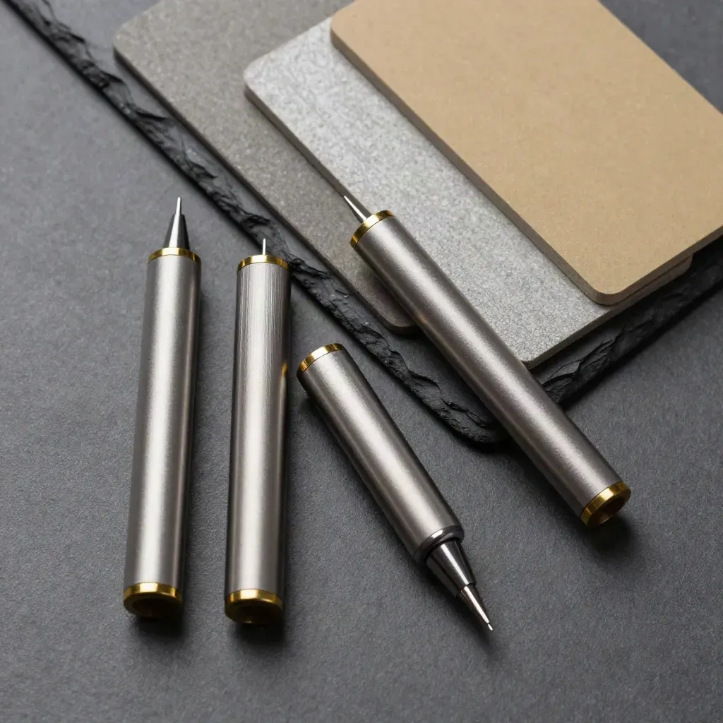 Brushed-metal allocation markers beside a slate divider and neutral sample chips on a graphite surface.