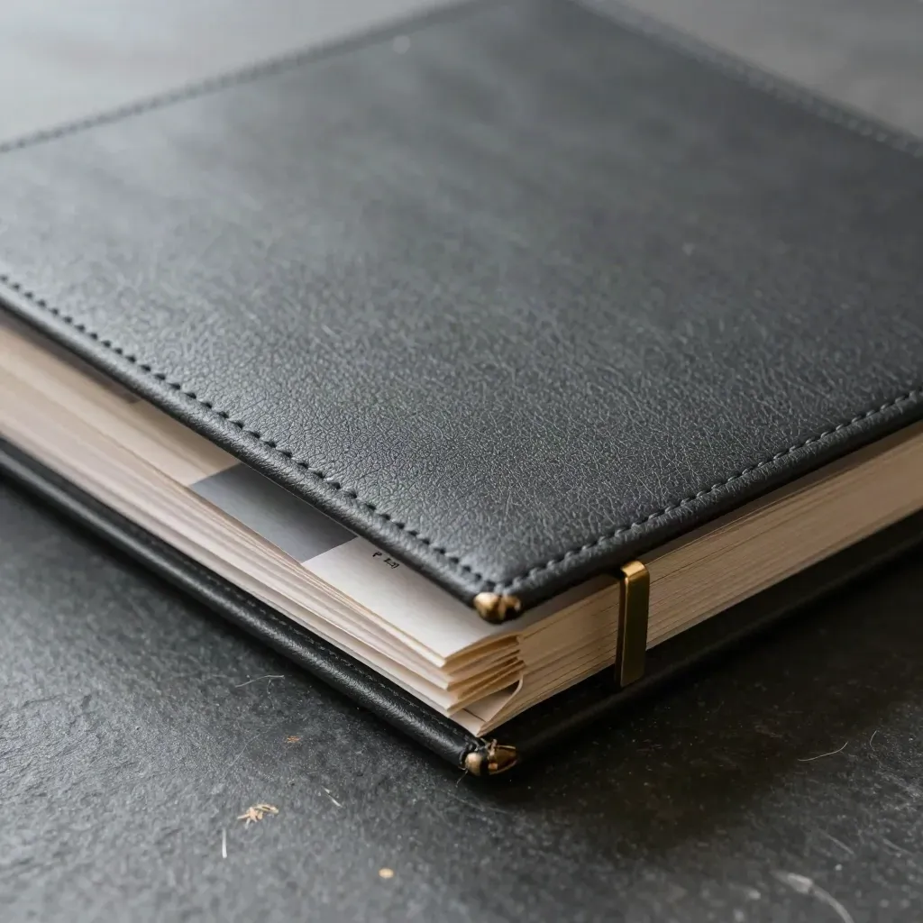 Risk binder with tabs and brass clip on graphite stone, top-down macro