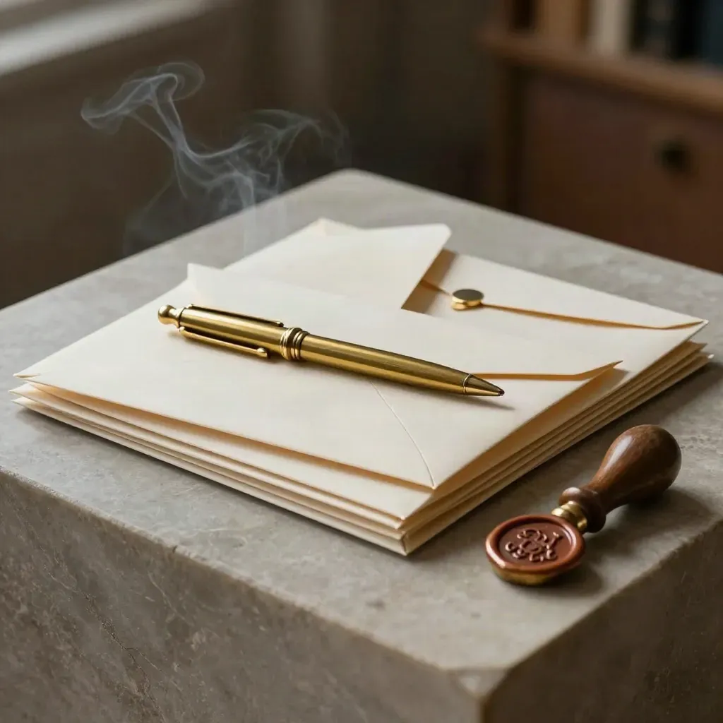 Nested capital envelopes with brass pen and wax seal tool on limestone, lit dramatically.
