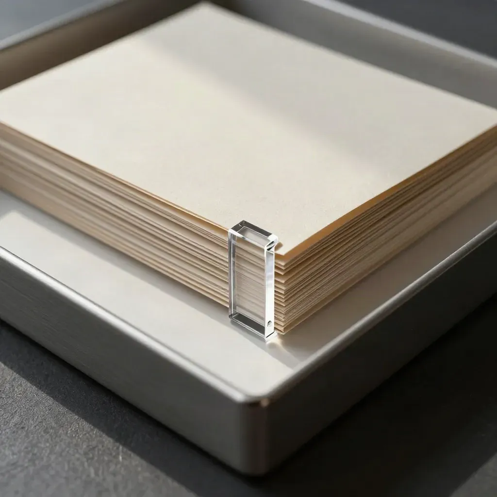 Investor packets fanned in a graphite report tray with a clear acrylic spacer.