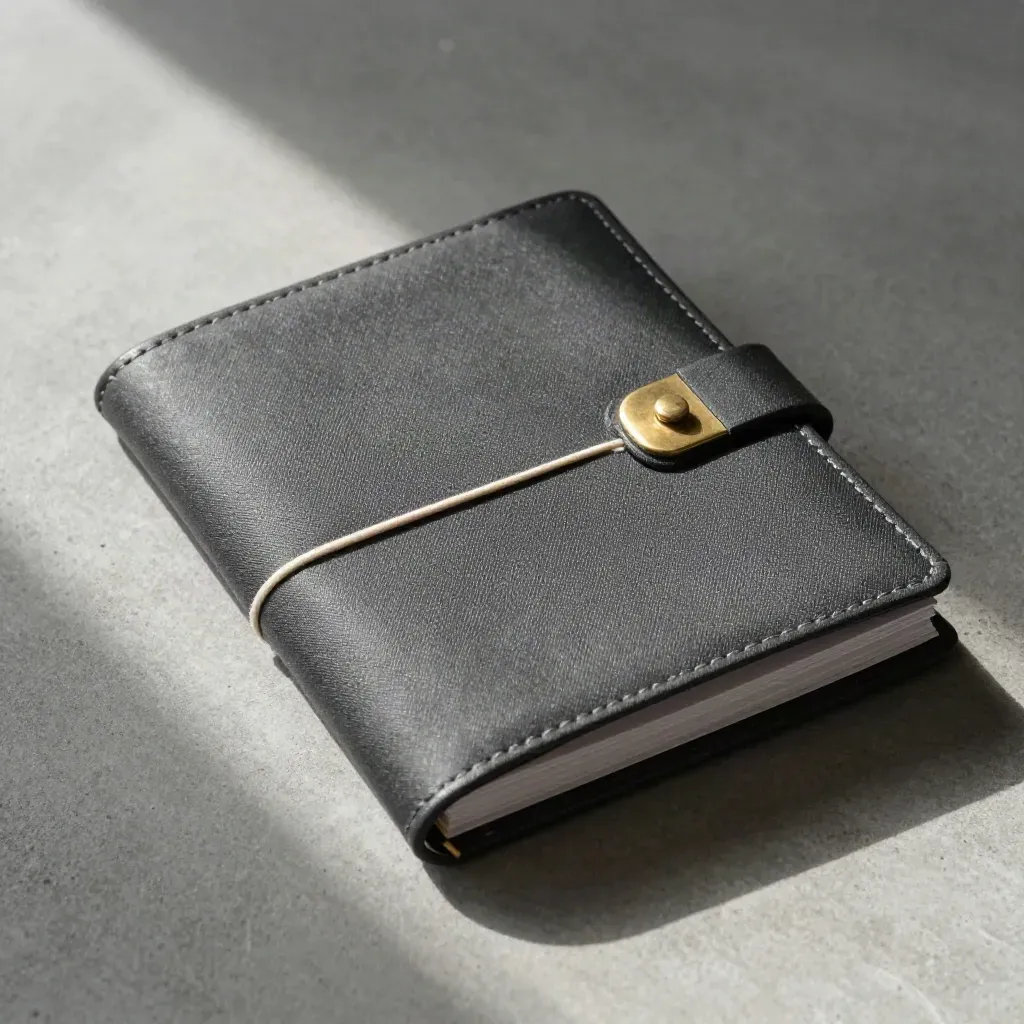 Charcoal onboarding folio with brass clasp, string ties, and blank sleeves on concrete.