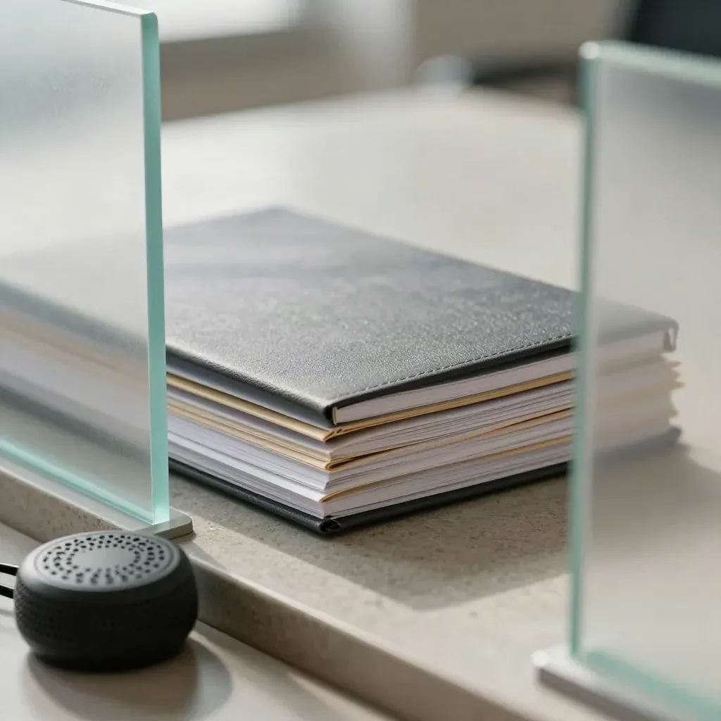 Speaker puck, closed notebook, and archive folders behind frosted glass