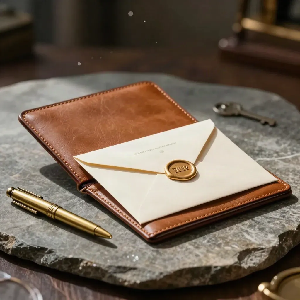 Leather folio, sealed invitation envelope and brass pen sleeve on stone with crystal foreground