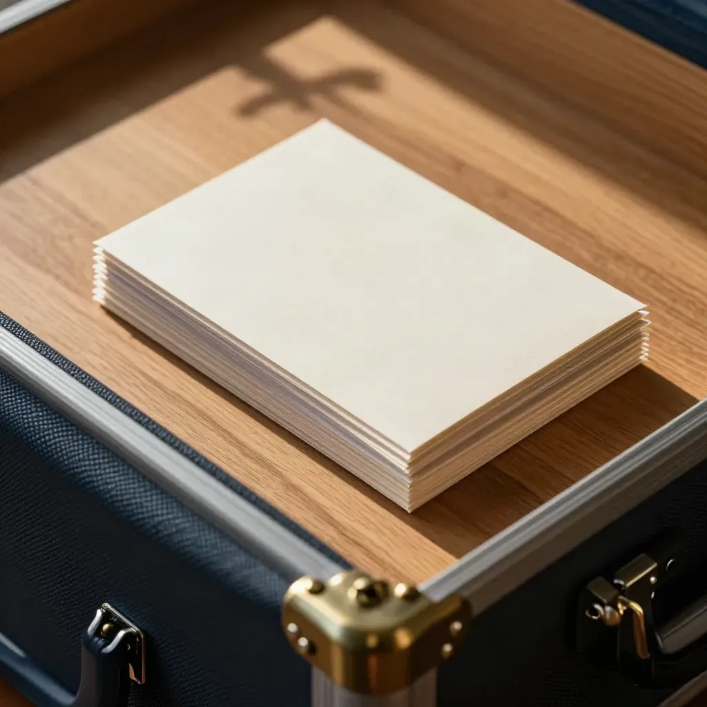 Top-down close of a navy-lined deal case, brass clips, and blank packets on honey oak.