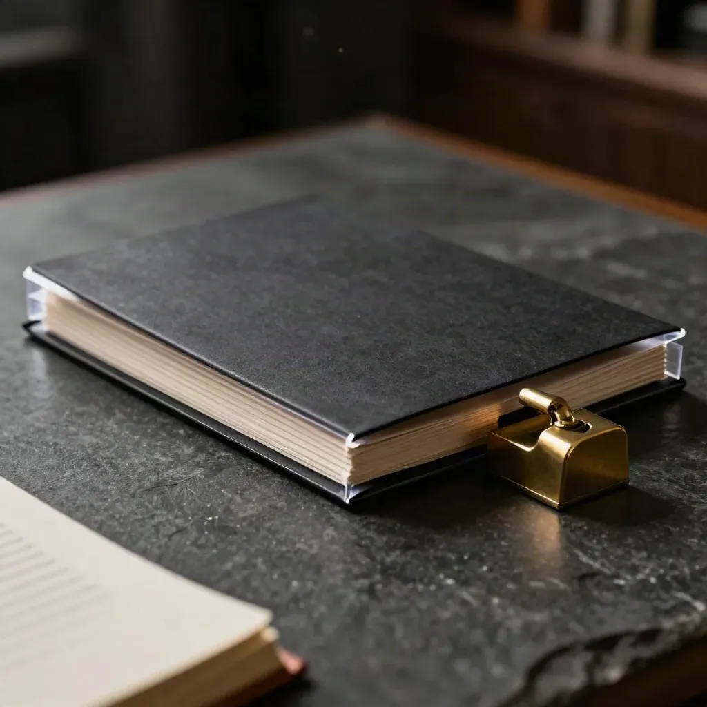 Brass paperweight and closed report packet on a slate analyst desk, seen through a blurred notebook edge.