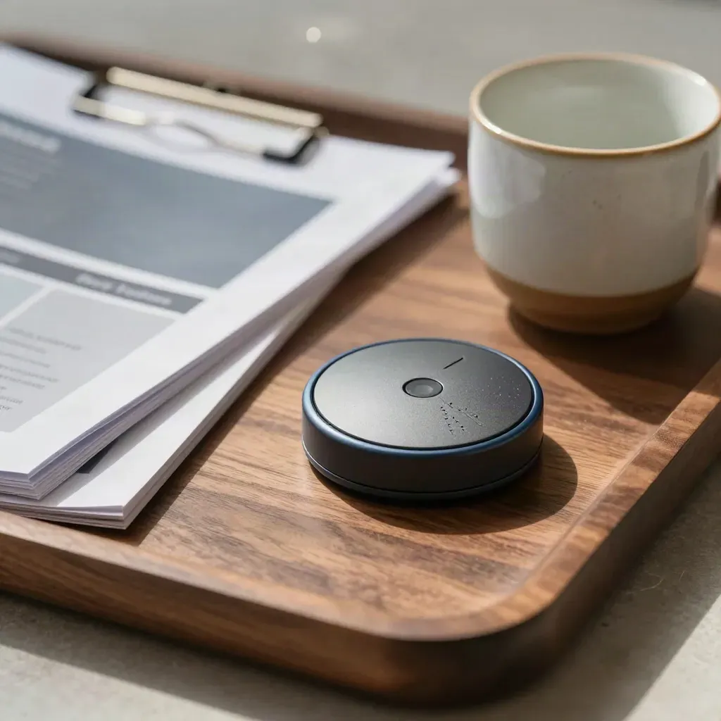Wireless conference puck, clipped folders and ceramic cup on a walnut tray in dramatic studio light.