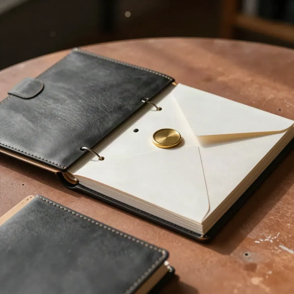 Top-down still life of an open onboarding folio, envelope stack, brass seal, and blurred file tab.