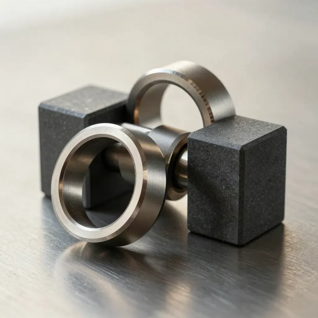 Macro still life of machined rings, a coupler, and graphite blocks on brushed metal.