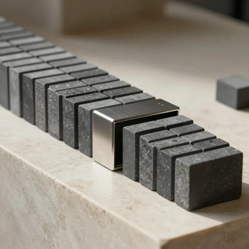 Graphite modular blocks and a brushed connector bar on pale stone in a dark studio