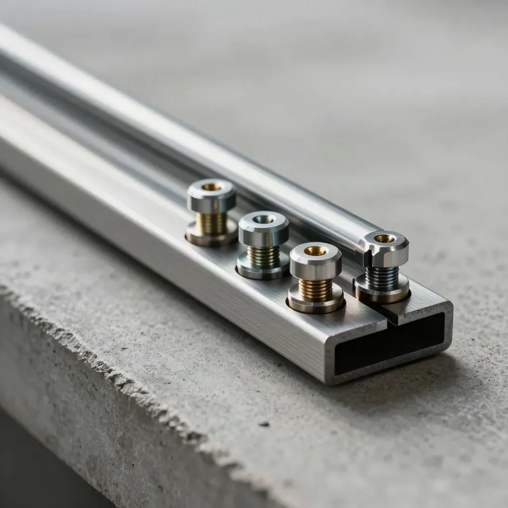 Rail clips and fasteners securing a metal alignment plate on concrete.