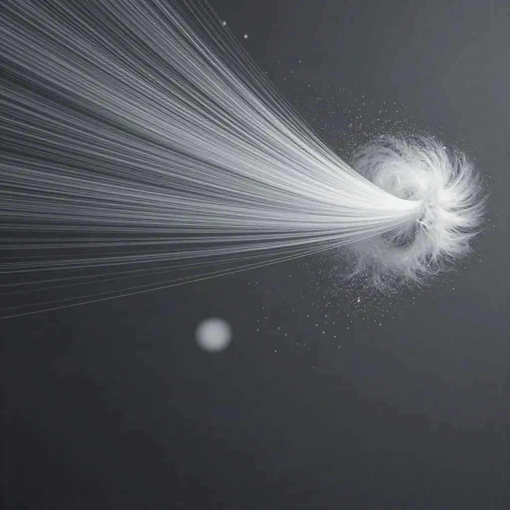 Silver filaments stream through graphite space into a soft white bloom, with drifting haze and empty lower third.