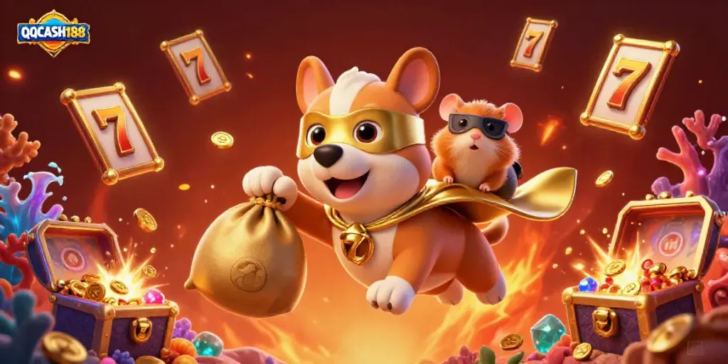 Experience QQCASH188 with a dynamic superhero dog and hamster amidst vibrant slots and treasure.