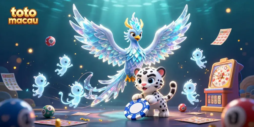 Menyajikan hasil toto macau 2026, ilustrasi 3D dari phoenix es, anak macan tutul, dan sprite es.