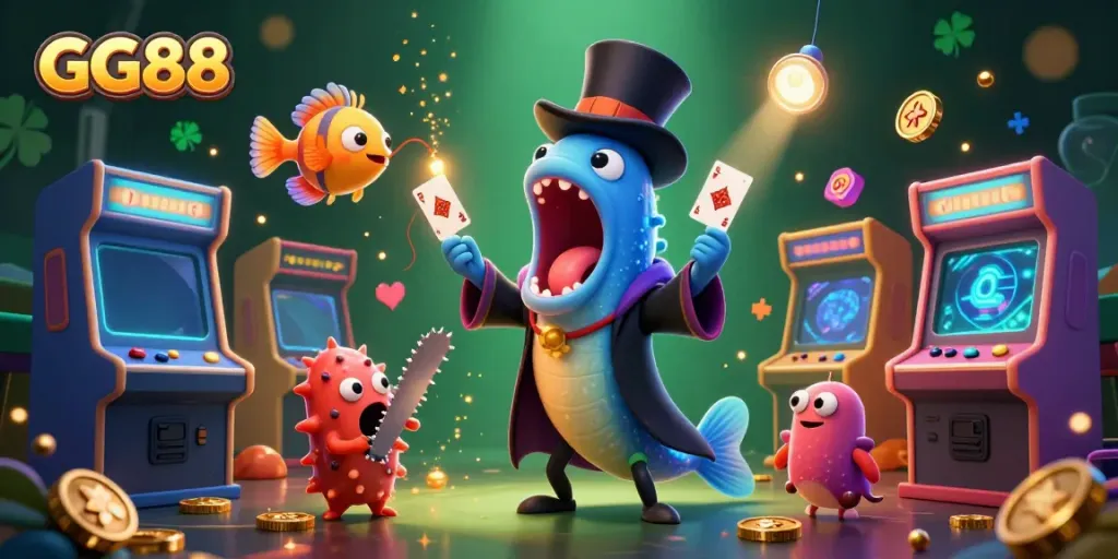 Experience GG88 with a magical underwater casino scene featuring card tricks, game elements, and vibrant characters.