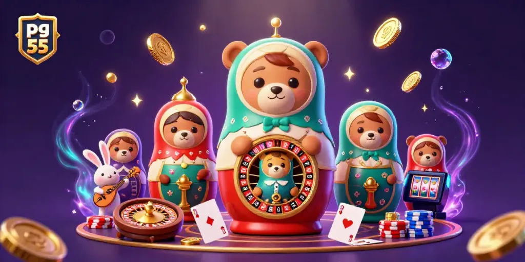Experience PG 55 with a vibrant 3D illustration showcasing casino elements and enchanting characters.