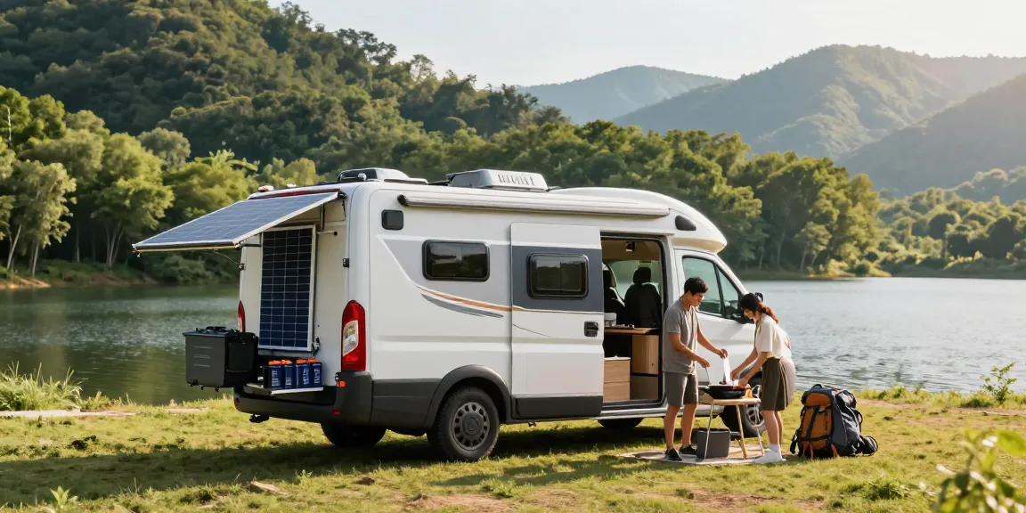 Lithium RV batteries powering a camper van parked by a tranquil lake, highlighting off-grid travel and adventure.