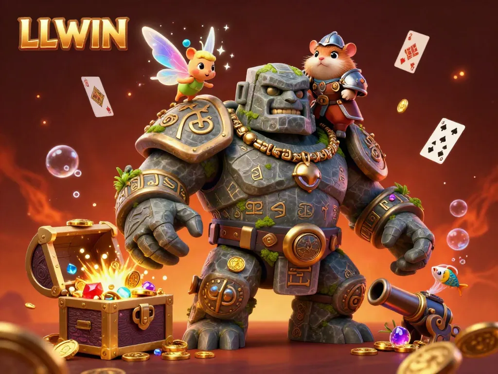Experience thrilling gaming at LLWIN with ancient guardian, knight, and enchanted fairy amidst treasure.